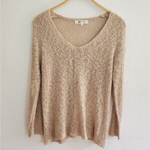 Yemak Loose Knit Sweater Tan Drop Shoulder Scoop Neck Cover Up Beachy